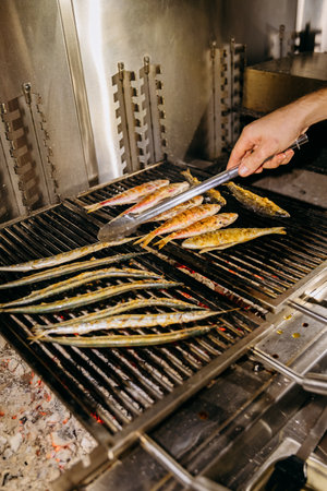 Chef grilling fresh fish on barbecue grill, perfect for seafood and culinary scenesの写真素材