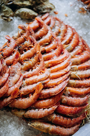 Fresh shrimp display on ice at seafood market, showcasing premium quality shrimp for sale or cookingの写真素材