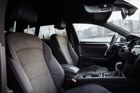 Vinnitsa, Ukraine - January 22, 2024 : Volkswagen Arteon interior premium dashboard, steering wheelのeditorial素材
