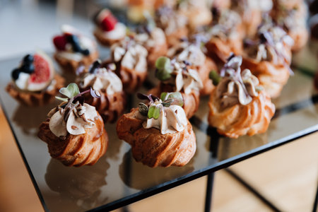 Gourmet chocolate desserts and savory prosciutto appetizers displayed for event or catering service