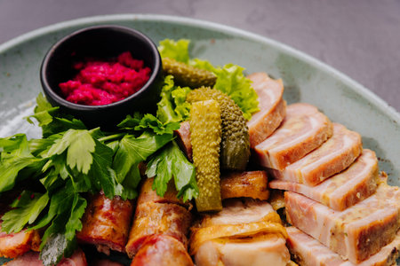 Appetizing meat platter with pickles, herbs and beetroot dip, perfect for traditional gourmet diningの写真素材
