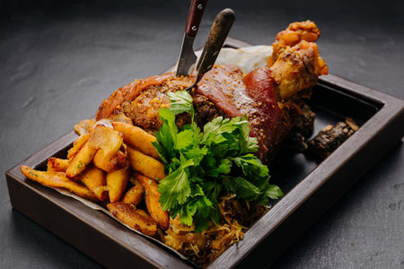 Roasted pork knuckle with potatoes and fresh herbs on wooden tray, stock food photographyの写真素材