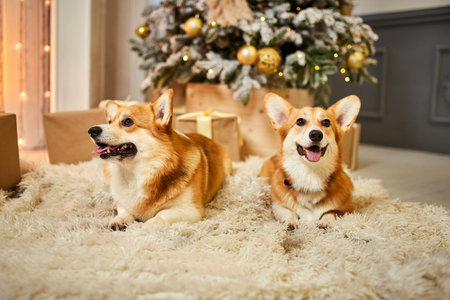 Two adorable welsh corgi dogs sitting on soft carpet and looking up near decorated Christmas treeの写真素材