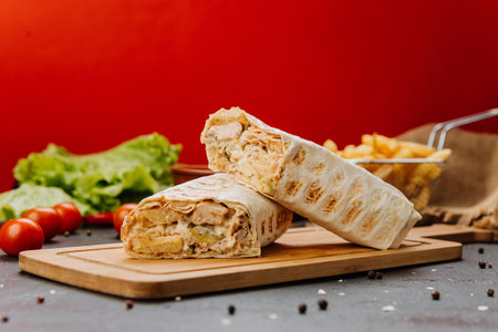 Freshly grilled chicken wrap cut in half, revealing creamy filling.Perfect fast-food snackの写真素材