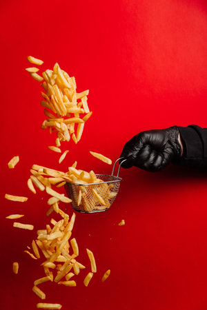 Dynamic shot of flying French fries falling from a basket against a bold red background