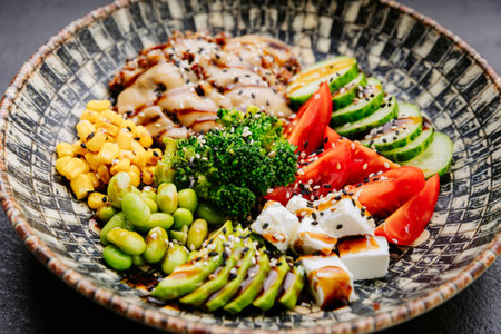 Colorful Buddha bowl with fresh vegetables, quinoa, and avocado, healthy eating and wellness loversの写真素材