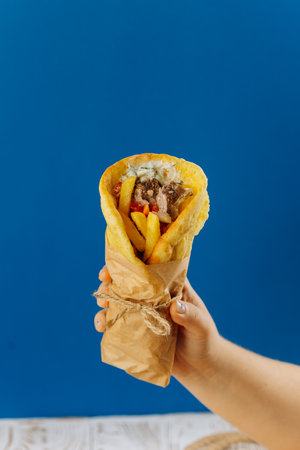 Fresh gyro wrap with fries, vegetables, and tzatziki sauce, perfect for a quick Mediterranean bite
