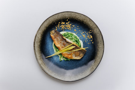 Crispy seared fish fillet on a bed of creamed spinach with gourmet garnish and elegant platingの写真素材
