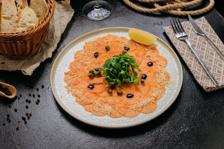 Salmon carpaccio with arugula, capers, Parmesan, and lemon wedge, served with white wineの写真素材