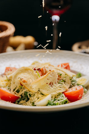 Elegant Caesar salad with grilled chicken, Parmesan, cherry tomatoes, and boiled quail eggsの写真素材