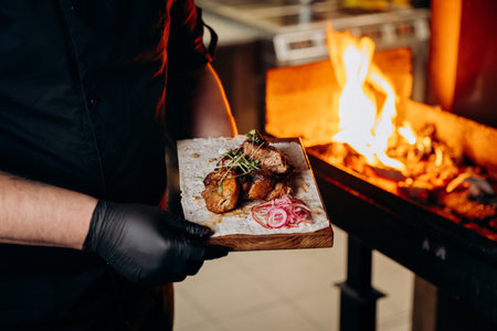 Chef presenting grilled meat garnished with onions and microgreens, barbecue perfection