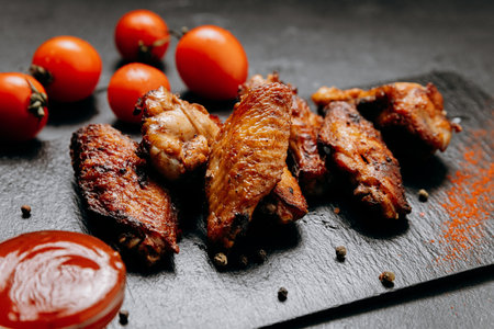 Juicy grilled chicken wings served with fresh tomatoes and spices, perfect for a delicious mealの写真素材