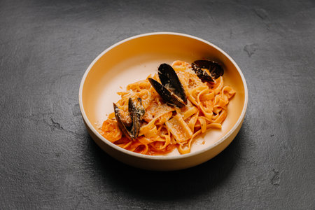 Tagliatelle pasta with mussels and rich tomato sauce in a beige bowl on a dark textured background