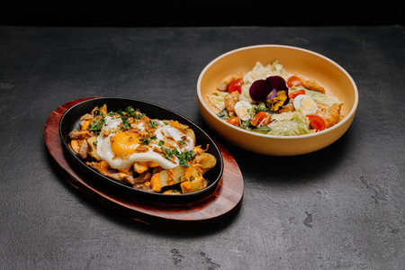 Sizzling skillet breakfast with eggs and potatoes paired with a fresh salad for a balanced meal