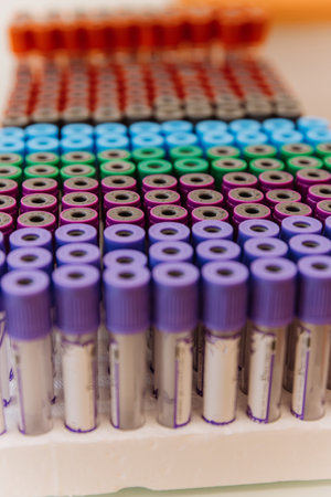Organized colorful test tubes in a lab tray, ready for blood analysis and diagnostics