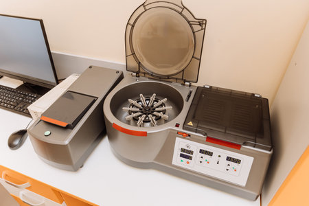 Laboratory centrifuge equipment for blood sample preparation and analysis in a clinical setting