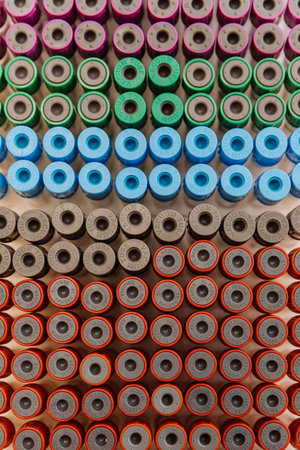 Colorful vacuum blood collection tubes arranged in rows for laboratory and medical analysisの写真素材