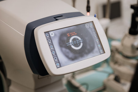 Close up of an advanced eye examination machine displaying focus alignment details