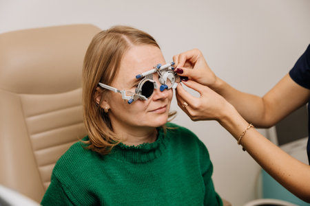 Optometrist fitting trial frames for precise vision testing and prescription determination