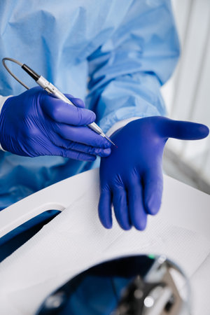 Dentist using precision tool on sterile gloves during dental procedure preparation