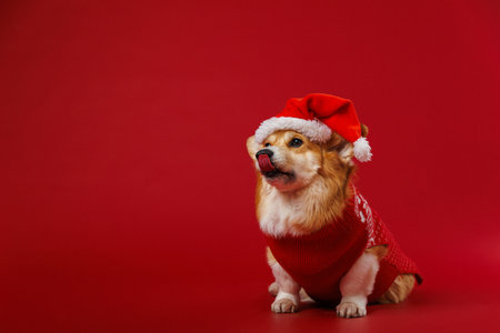 Corgi dog in Santa hat licking lips on red backdrop, radiating festive joy and holiday spiritの写真素材