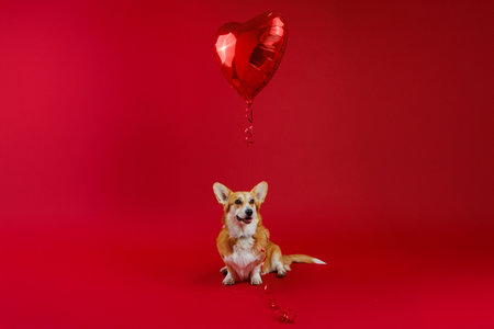 Charming corgi dog with a red heart balloon, celebrating love and joy on a vibrant red backgroundの写真素材