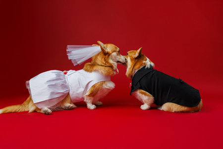 Romantic corgi wedding kiss, dressed in bride and groom attire against a bold red backdropの写真素材