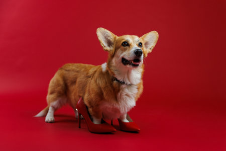 Confident corgi in red high heels, serving style and sass on a bold red backgroundの写真素材
