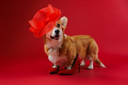 Chic corgi in oversized red hat and heels, a playful fashion moment on a bold red backgroundの写真素材