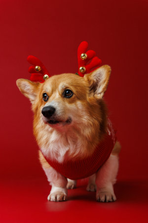 Festive Corgi dog in reindeer antlers and red sweater, spreading holiday cheer and Christmas magicの写真素材