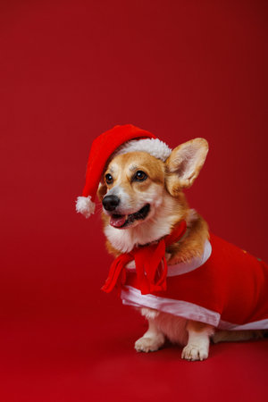 Welsh Corgi Pembroke dog in Santa hat and festive outfit, spreading Christmas joy and holiday cheerの写真素材