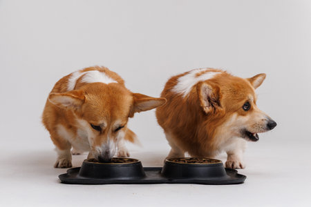 Two adorable corgis enjoying a meal together in a black double bowl, showcasing pet love and bondingの写真素材