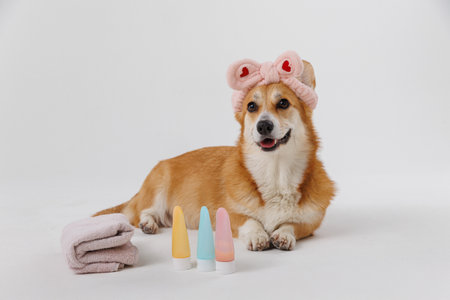 Grooming a dogs ear with black gloves during a veterinary checkupの写真素材