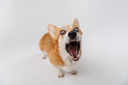 Corgi catching a treat mid-air, showcasing agility and excitement on a white studio backgroundの写真素材