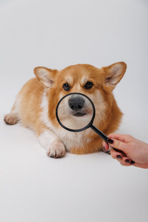 Corgi dog with a magnifying glass exploring and examining, curious expression on faceの写真素材