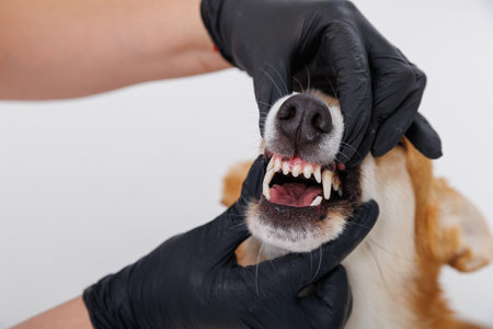 Veterinarian examining a dogs teeth and mouth, checking dental health with glovesの写真素材