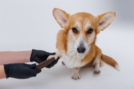 Corgi dog getting a paw filed with a nail file by a person wearing black glovesの写真素材