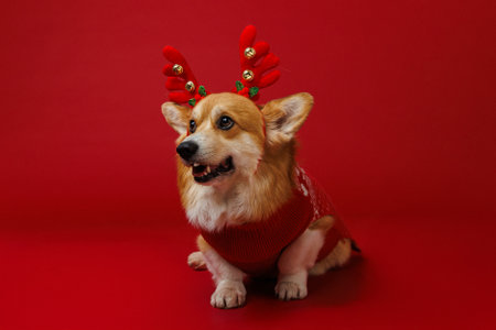 Cheerful Corgi in antler headband and festive sweater, spreading holiday magic on a red backdropの写真素材