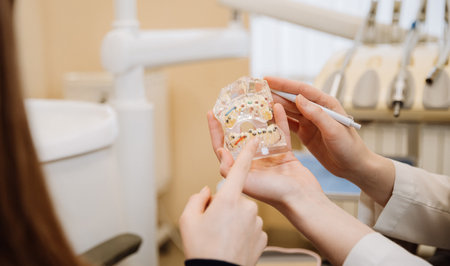 Orthodontic consultation with a dental model showing braces placement and oral care guidance