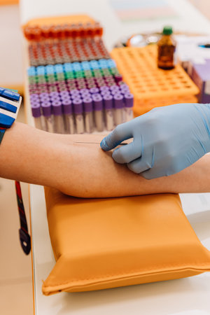 Healthcare professional preparing for a blood draw in a clinical laboratory setting