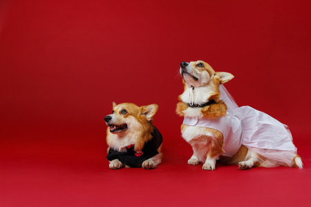 Winking corgi groom and blushing bride in wedding outfits, spreading smiles and wedding vibes