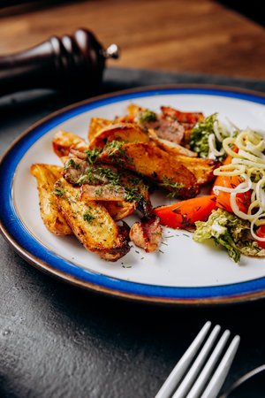 Crispy roasted potatoes with bacon and fresh vegetable salad, perfect for a hearty business lunchの写真素材