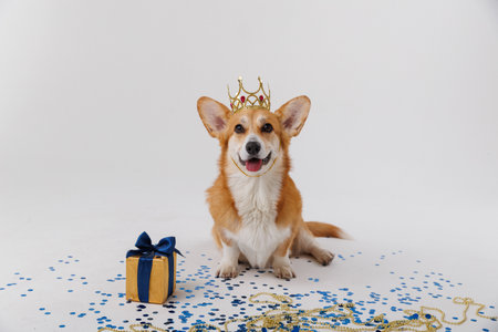 Royal corgi dog wearing a golden crown with a gift, confetti, and festive decorationsの写真素材