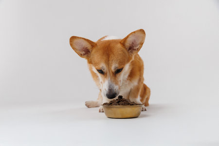 Hungry Corgi sniffing a bowl of kibble on white background, perfect pet food concept imageの写真素材