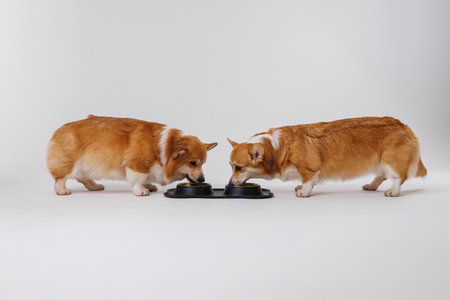 Two adorable corgis dogs sharing a meal together, highlighting companionship and pet care momentsの写真素材