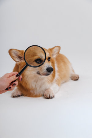 Corgi dog with a magnifying glass, examining its face with a curious and playful expressionの写真素材