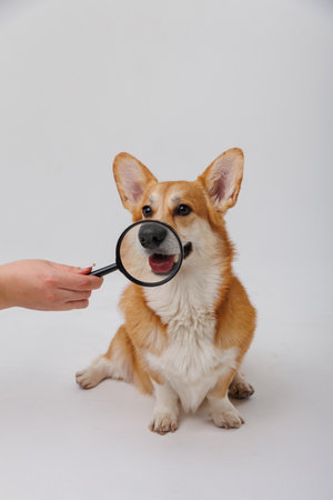 Corgi dog with a magnifying glass exploring and examining, curious expression on faceの写真素材