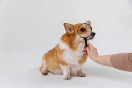 Curious corgi dog being examined with a magnifying glass for investigation and discoveryの写真素材