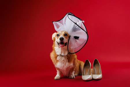 Glamorous corgi in a white hat with beige heels on red background, showcasing playful eleganceの写真素材