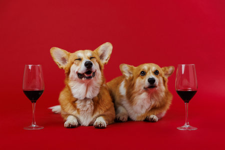 Corgis delightfully lounging with wine glasses, spreading joy and charm in a vibrant red settingの写真素材